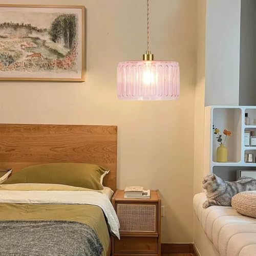 Pink Plug in Pendant Light Glass Hanging Lights with Plug in Cord Boho Hanging Lamp Gold Mid Century Modern Vintage Dimmable Flower Plug in Chandelier Ceiling Fixture for Living Room