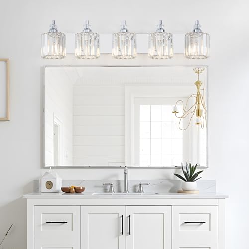 5 Light Modern Bathroom Light Fixture Chrome Bathroom Vanity Lights Over Mirror Wall Sconce Lighting with K9 Crystal Shades E26 Base for Bedroom