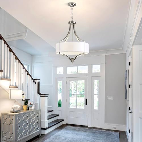 6-Light Brushed Nickel Chandelier 19.7" Modern Drum Chandeliers for Dining Room Light Fixture with White Fabric Shade Large Pendant Lighting for Kitchen Island Living Room Bedroom Foyer Over Table,E26