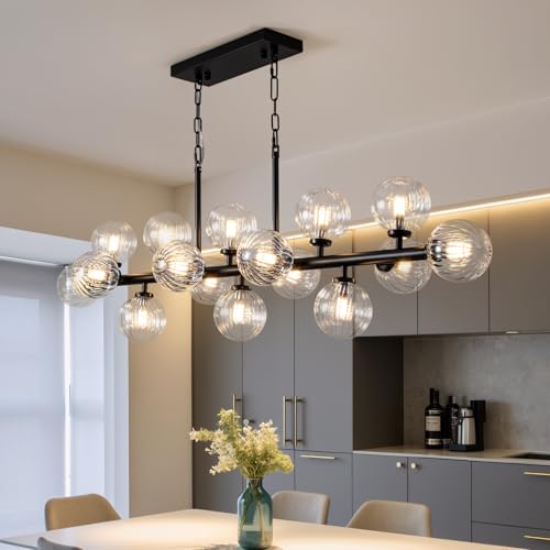 Black Rectangle Chandelier Modern Chandelier Glass Pendant Light Fixture Adjustable for Dining Living Room Kitchen Island 16 (16 Count)