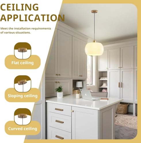 Mid Century Chandelier Light 3 Pack Kitchen Island Light Fixtures Milk Yellow Glass Shade Gold Adjustable Flush Mount Light for Living Room Entryway Bedroom