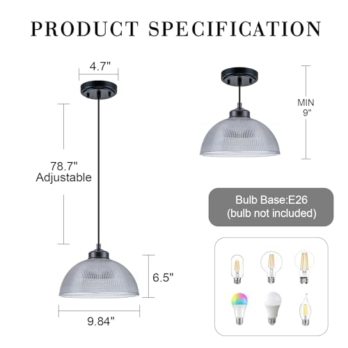 EDSILIVE Vintage Glid Glass Pendant Lights Kitchen Island 9.84" Barn Dome Clear Glass Hanging Ceiling Light Fixture with Black Finish for Dining Room Kitchen Table