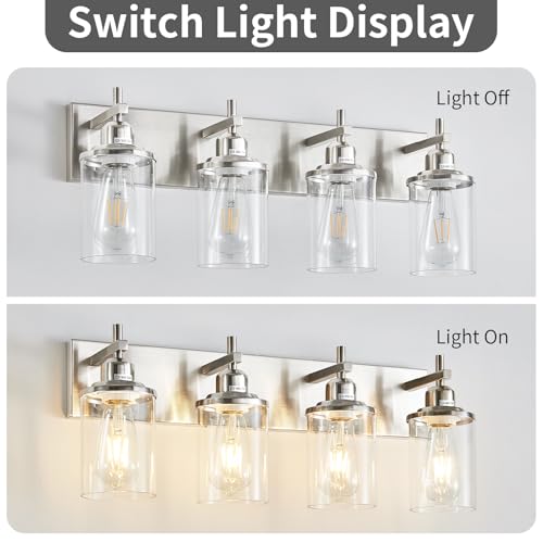 4 Light Brushed Nickel Bathroom Light Fixture Over Mirror Modern Bathroom Vanity Light Vintage Wall Lighting with Clear Glass Shade for Bathroom