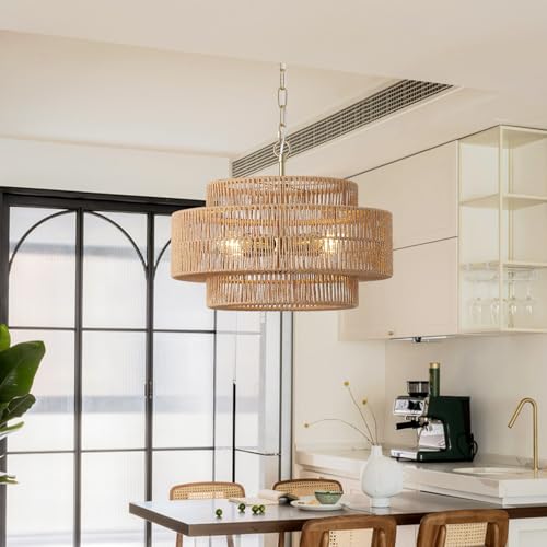17.7"Large Boho Rattan Farmhouse Chandeliers for Dining Room