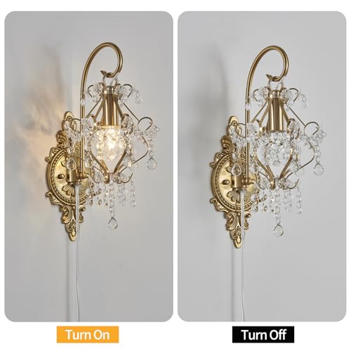 Plug in Cord Gold Crystal Vintage Indoor Wall Sconces Light Set of 2 (2 Count)