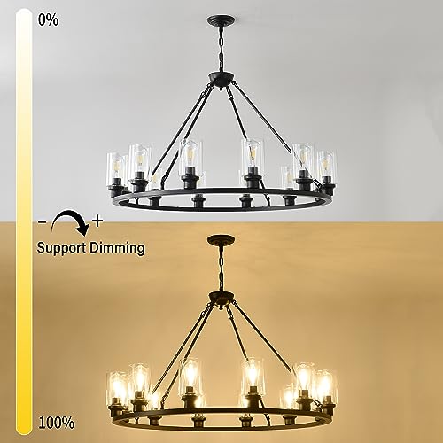 Black Large Wagon Wheel Chandelier 32 Inch Modern Farmhouse Glass Pendant Light 12