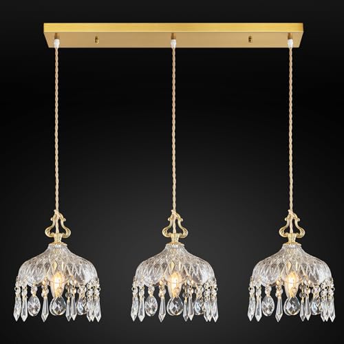 3 Light Pendant Light Fixtures Brass Vintage Glass Pendant Lights Crystal Hanging Light Fixtures (3 Count)