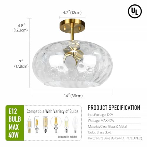 Brass Gold Semi Flush Mount Ceiling Fixture Large Hammered Glass Shade Modern Close to Ceiling Light 14" Art Lampshade for Hallway Foyer Bedroom
