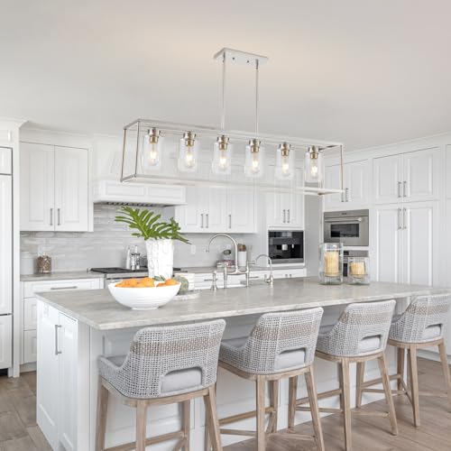 6 Light Brushed Nickel Dining Room Light Fixture Modern Farmhouse Chandelier Linear Hanging Pendant Lighting Rectangle for Kitchen Living Room Adjustable Height with Glass Shade (6 Count)
