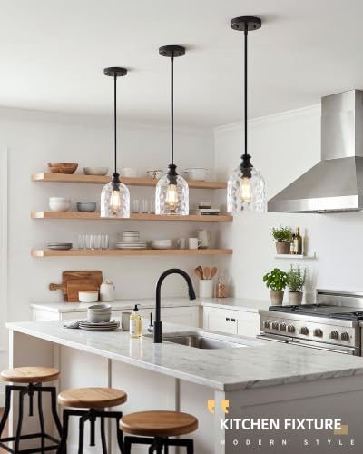 2 Pack Black Hammered Glass Pendant Lights Kitchen Island