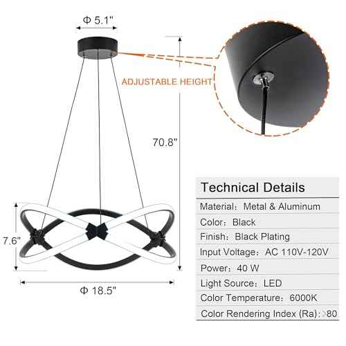 Mayful 18.5 Inches Black Modern Chandelier with Remote Control, 2 Rings Dimmable Led Large Chandeliers for High Ceilings, Height Adjustable Living Room Chandelier for Dining Room, Entrance, Foyer