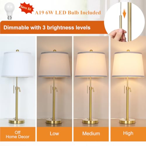 Modern Gold table Lamp 22" to 30"Adjustable Height 3 Brightness Way Brass Nightstand with White Linen Shade Pull Chain Pole Lights for Living Room Guest Bedroom End Table Office