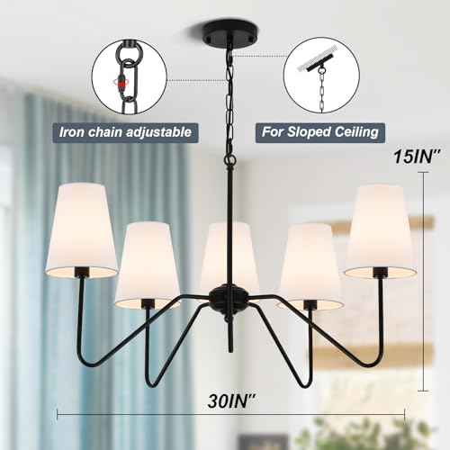 5-Arm Chandelier, 30" Modern Pendant Light with White Shade | Height Adjustable, E12 Bulb Base, Ideal for Kitchen Island Dining Room Over Table Living Room