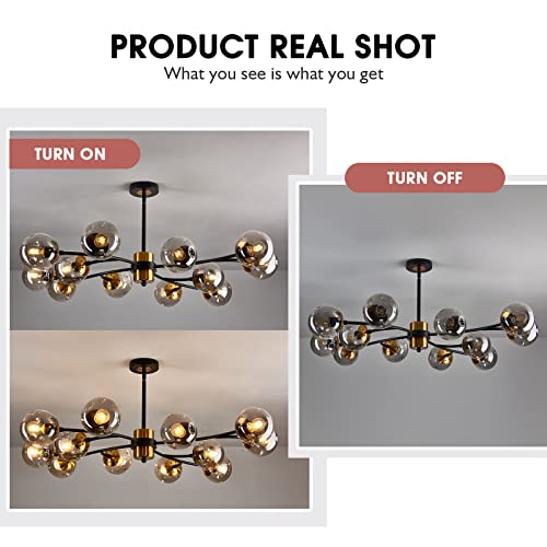 12 Light Large Sputnik Chandelier with Glass Globe Mid Century Modern Matte Black and Gold Ceiling Light Fixture Vintage Pendant Lighting for Dining Room Bedroom Kitchen Living Room Foyer