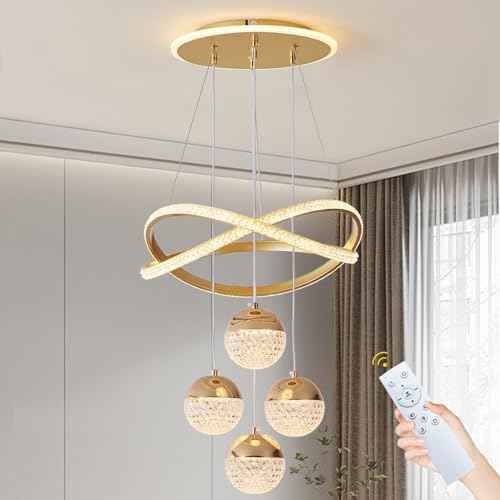 Gold LED Chandeliers, 3-Color Dimmable Pendant Light Dining Room Light Fixtures for Kitchen Island Adjustable Modern Chandeliers for Dining Room Living Room Bedroom