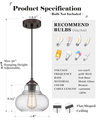 8 Inch Pendant Light Fixtures Seeded Bubble Glass Hanging Light Industrial Pendant Lighting for Kitchen Island Farmhouse Bar Bathroom Dining Room Oil Rubbed Bronze Finish