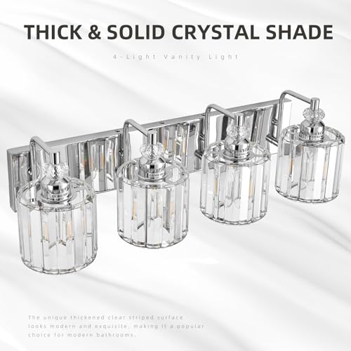 4 Light Modern Bathroom Light Fixture Chrome Bathroom Vanity Lights Over Mirror Wall Sconce Lighting with K9 Crystal Shades E26 Base for Bedroom