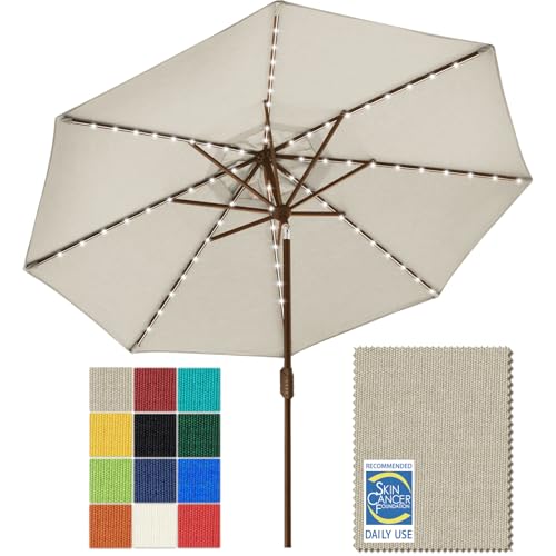 USA 10-Year-Non-Fading 9ft Market Patio Umbrella, Commercial Grade Table Sun Umbrella with 80 Solar LED Lights, Crank Open, Windproof & UPF 50+ UV Protection for Garden, Deck, Pool, Backyard, Antique Beige