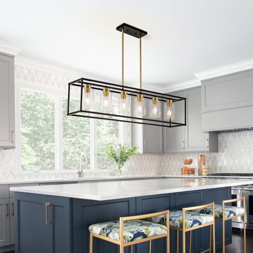 6 Lights Modern Dining Room Light Fixtures Over Table Black & Brushed Brass Gold Farmhouse Chandelier Rectangular Pendent Lighting for Kitchen with Glass Shade Long Linear Industry Hanging Light
