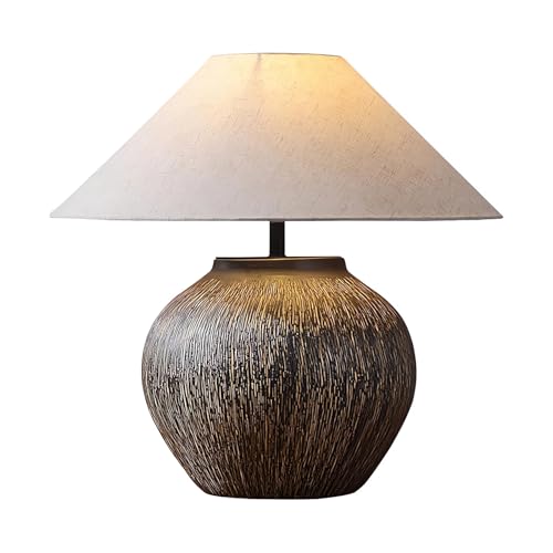 Rustic Table Lamps Brown 20.8”Tall Ceramic Lamp Southwestern Farmhouse Lattice Ceramic Lamp Body with Beige Linen Shade Nightstand Lamp for Bedroom Living Room Home Office
