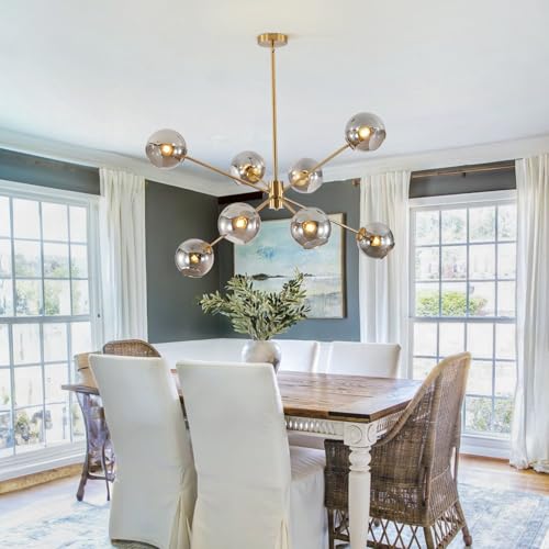 Modern Vintage Globe Sputnik Chandelier Gold Smoked Gray Glass Light Fixture Large 8 Light Mid Century Brushed Brass Pendant Light Kitchen Island Contemporary Ball Hanging Lamp