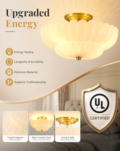 Semi Flush Mount Ceiling Light Fixture 14" Vinatge Gold Ceiling Lights Mid Century Modern Milk White Glass Close to Ceiling Lighting Fixtures for Bedroom Hallway Kitchen Laundry Room Bathroom