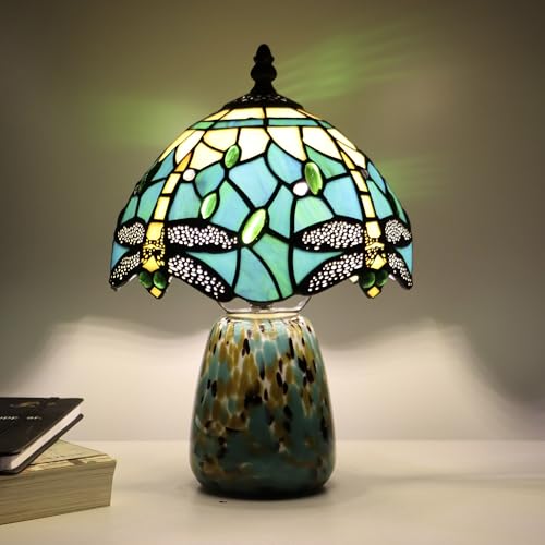Tiffany Mushroom Table Lamp Dragonfly Style Blue Yellow Stained Glass Accent Lamp Brown Blue Glass Base 8X8X12 Inch