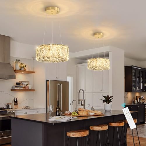 Modern Crystal Chandelier for Dining Room Dimmable LED Pendant Ceiling Light Fixtures with Remote for Entrance Bedroom Kitchen Island Gold