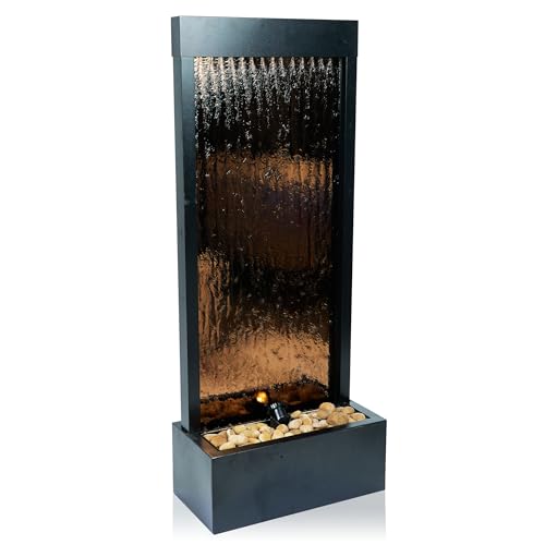 48" Tall Indoor Modern Wall Mounted Zen Mirror Waterfall Floor Fountain with Stones and LED Lights Decor for Office