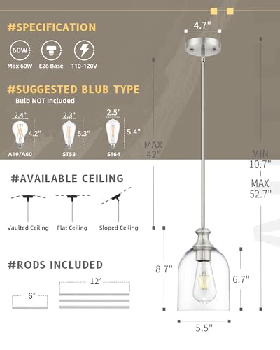 2 Pack Brushed Nickel Pendant Lights Kitchen Island Cylinder Glass (2 Count)