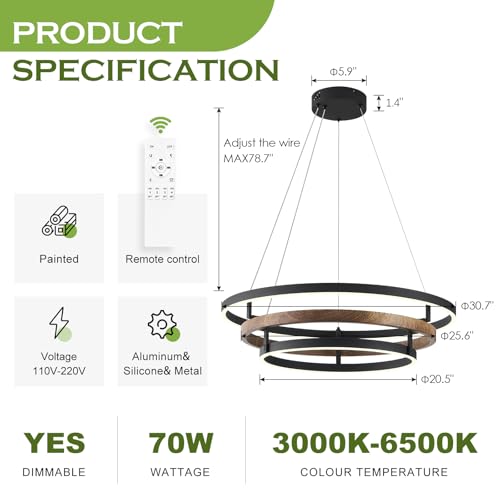 3 Rings Modern LED Chandelier Black Dimmable Circular Pendant Light for Dining Room