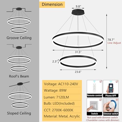 D23.6''+31.5'' Modern Ring Chandelier for Dining Room LED Dimmable Pendant Lighting High Ceiling Chandelier for Living Room Foyer Bedroom Entryway 3000K