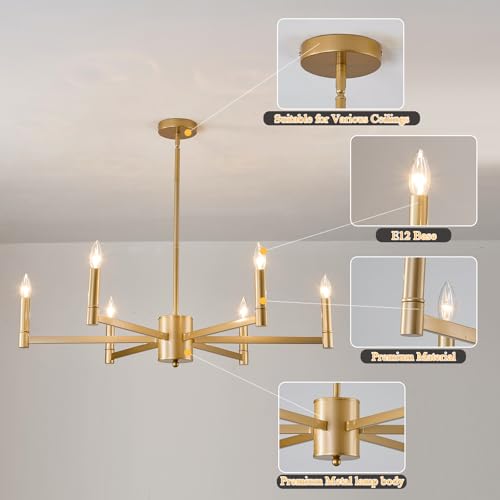 6 Light Gold Candle Chandeliers Modern Farmhouse Ceiling Light Fixture Industrial Lighting for Dining Room Living Room Bedroom Kitchen Island Foyer