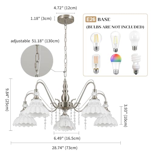 5 Light Chandelier in Brushed Nickel Finish with Flower (5-Light / Nickel and White)