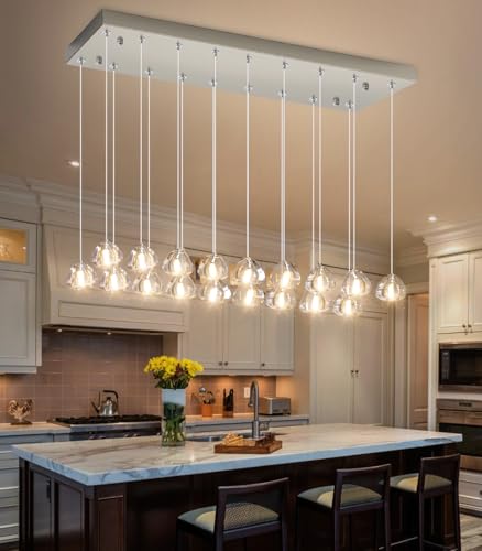 W35 x D11.8 x H118 Rectangular Chandelier Bubble Crystal Balls Glam Chandeliers Dimmable Light High Ceiling Pendants Light Fixtures Adjustable Long Lights Brushed Nickel