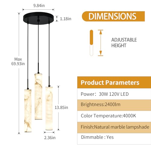 Natural Alabaster Pendant Lights for Kitchen Island White Marble Long Tube Chandelier 4000K Modern Black Ceiling Light Fixtures for Bedroom Dining Room Living Room Hallway