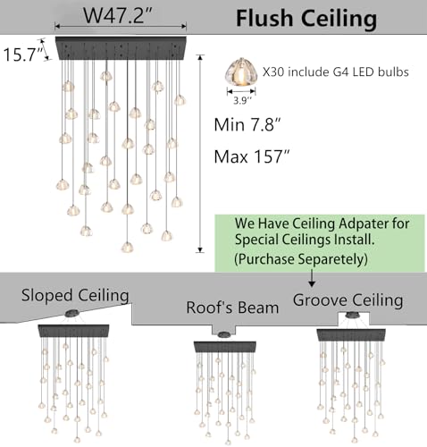W47.2 x D15.7 x H157 Glam Chandelier Rectangular Chandeliers Bubble Crystal Pendants Light Fixture Dimmable High Ceiling Large Light Black