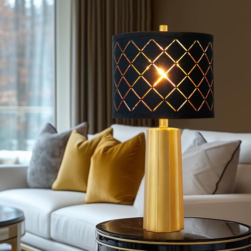 24" Modern Table Lamp for Living Room Bedroom Black Grid Shade