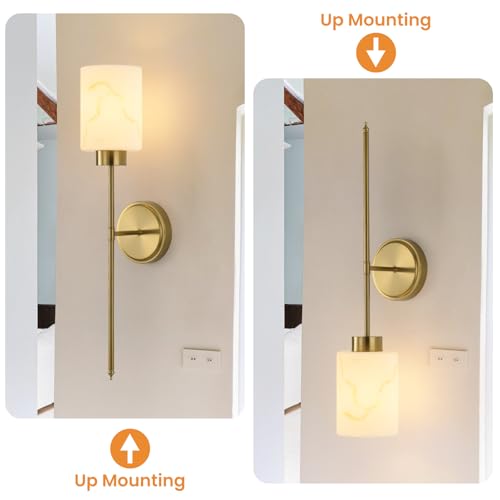 Gold Wall Sconces Set of 2 with Marble Glass Shade