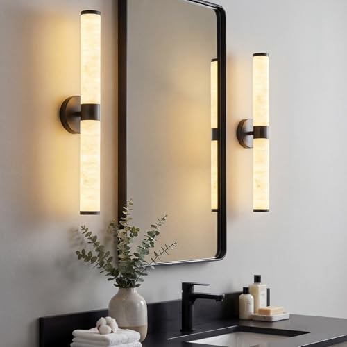 Natural Alabaster Wall Sconces Modern Black LED Wall Lights 24" Spanish Marble Cylinder Sconces for Living Room Bedroom Bathroom Hallway