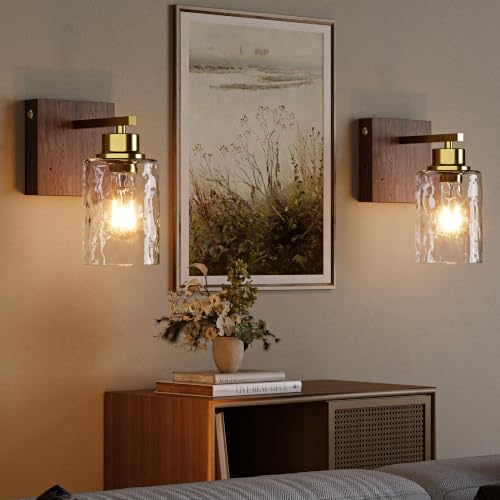 Hammered Glass Battery Operated Wall Sconces Set of Two Gold & Walnut