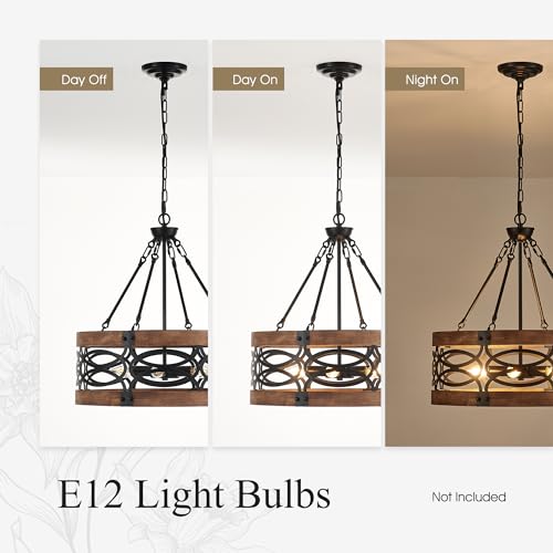 19.7" 6 Light Brown Wood Drum Pendant Light for Dining Room