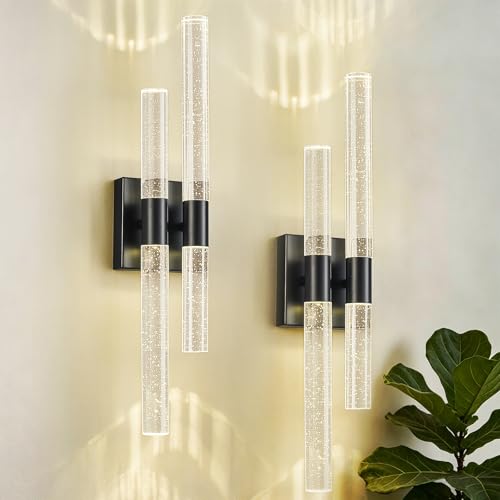 Crystal Wall Sconces Set of Two Black Wall Sconce Hardwired LED Bathroom Vanity Light Fixtures 21.25in 4000K Vertical and Horizontal Wall Mounted Sconces for Bedroom (2 Count)