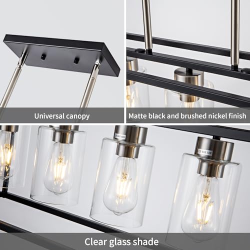5 Light Dining Room Light Fixture Modern Farmhouse Chandeliers Over Table Black & Brushed Nickel Rectangular Pendent Lighting for Kitchen with Glass Shade Hanging Industrial Ceiling Light