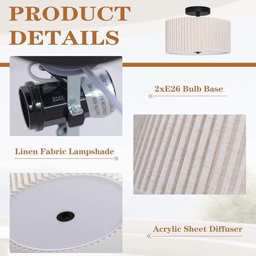2 Light Semi Flush Mount Ceiling Light Fixture 12.6 Inch Modern Black Drum Ceiling Light Fixture with Pleated Fabric Shade Dimmable Close to Ceiling Light for Living Room Hallway Bedroom Entryway