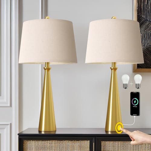 25.75" 3 Way Dimmable Touch Control Modern USB Table Lamp Set of 2 for Living Room Bed Room Bedside Nightstand Lamps Fabric Shade Vintage Accent Light Gold Antique Brass (2 Count)