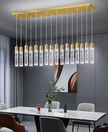 16 Lights Modern Crystal Rectangular Chandeliers LED Pendant Light for Kitchen Island High Ceiling Chandelier for Dining Room Entrance Foyer Living Room Gold