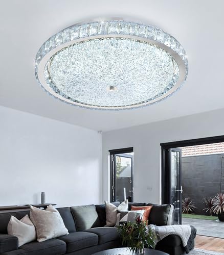 19.6" Modern Crystal Chandelier Dimmable LED Flush Mount Ceiling Light with Remote Control for Living Room Dining Room Bedroom Hallway Foyer Silver