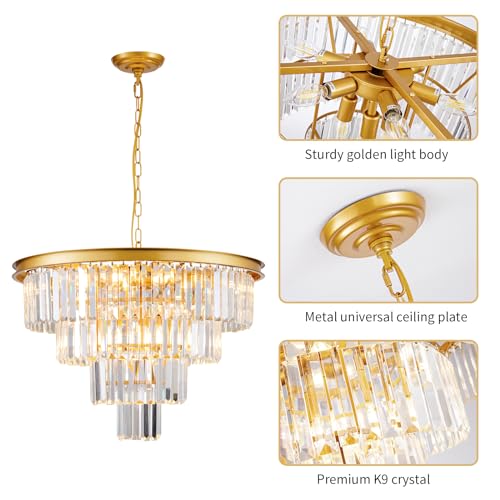 10 Light Modern Gold Crystal Chandelier for Dining Room 24'' Dining Room Light Fixture Contemporary Pendant Round 4