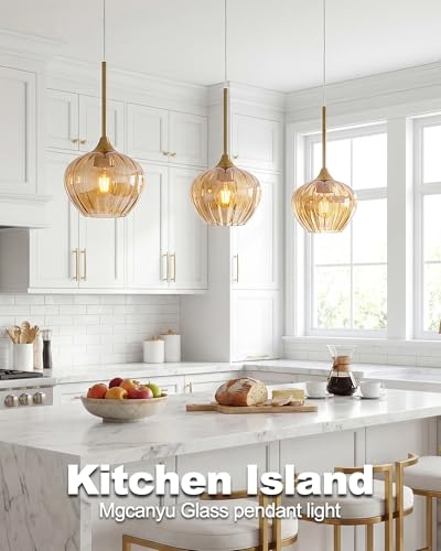 2 Pack Amber Glass Pendant Lights Kitchen Island with Brushed Gold FInish (2 Count)